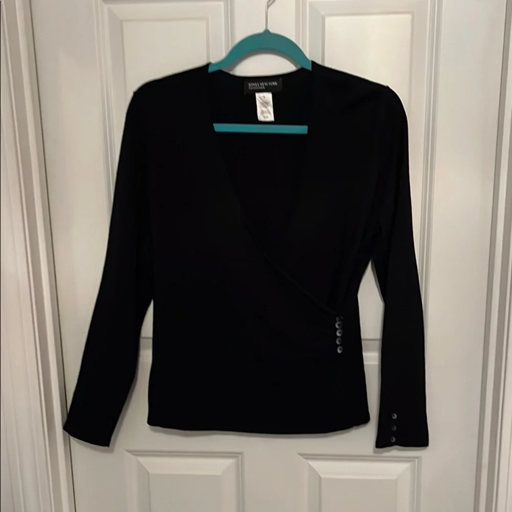 Jones New York Black Faux Wrap Sweater Blouse